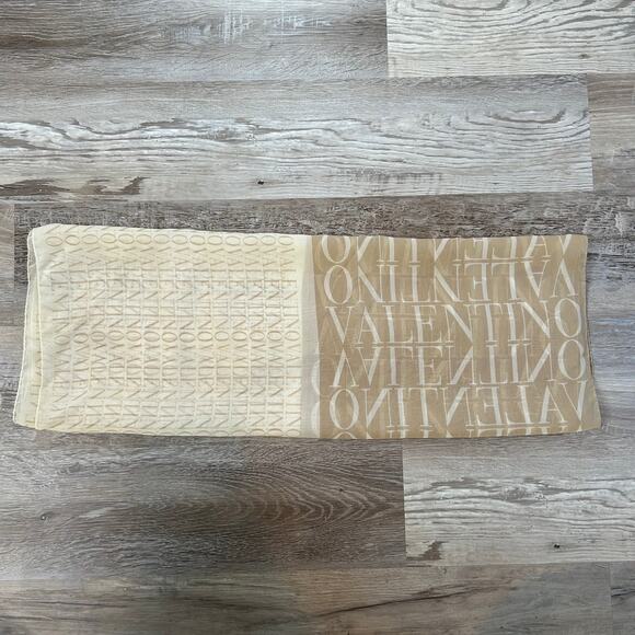 Vintage Valentino Silk Logo Scarf Beige Tan Ombre Wrap Italy 1980s 1990s 26x70 - Picture 6 of 8